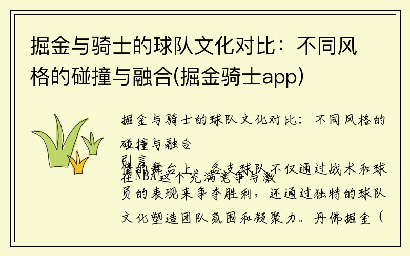 掘金与骑士的球队文化对比：不同风格的碰撞与融合(掘金骑士app)