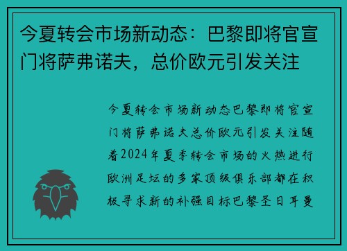 今夏转会市场新动态：巴黎即将官宣门将萨弗诺夫，总价欧元引发关注