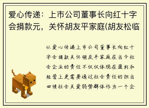 爱心传递：上市公司董事长向红十字会捐款元，关怀胡友平家庭(胡友松临终)